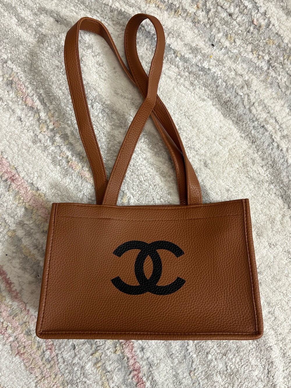 Brown Leather Tote with Black CC Motif